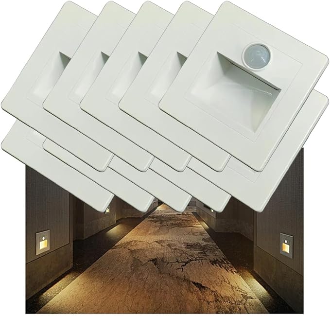 3W Motion Sensor Stair Lights 3000K Recessed LED Step Light Indoor Stair Step Wall Lamp Staircase Bedroom Decoration 10Pcs White