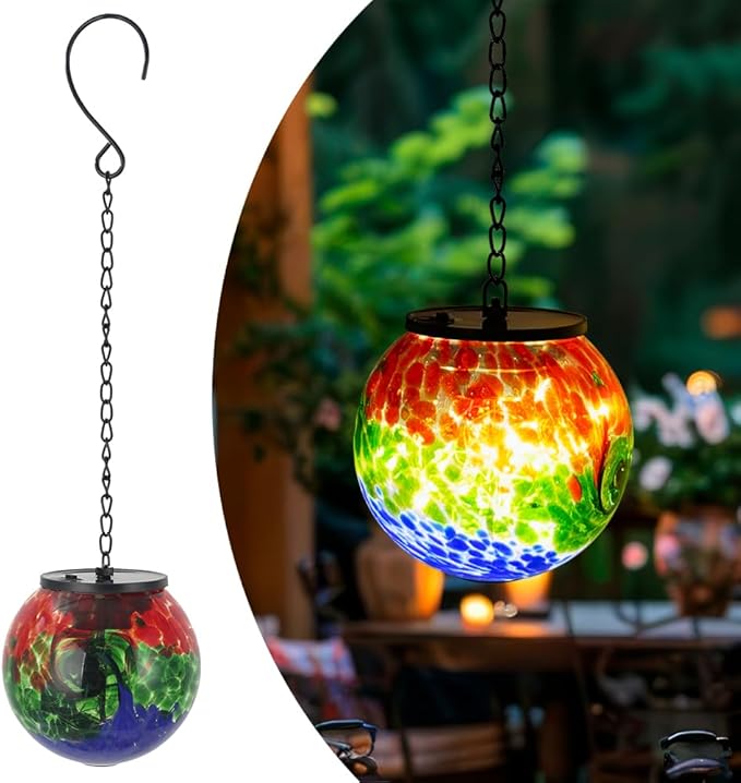 Solar Hanging Lanterns Outdoor, Waterproof Gazing Ball Lights, Hanging Glass Globe Light for Garden Yard Tree Home Xmas Decor,Green Splash-Ink