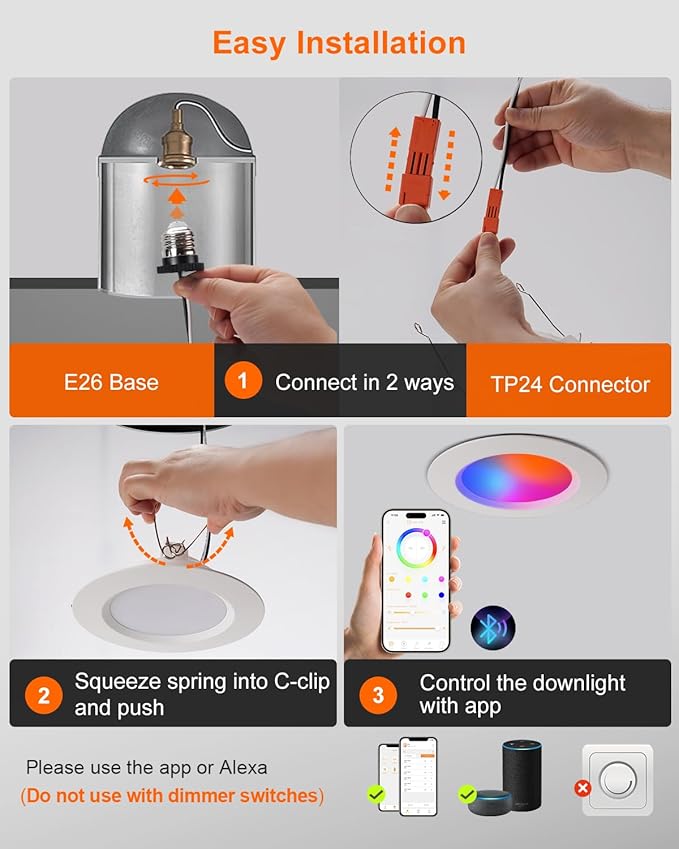 DUSKTEC Smart Recessed Lighting 6 Inch - RGBCW Color Changing LED 13W Can Light Retrofit Recessed Lights 1050 Lumen Dimmable Recess Light Compatible with Alexa & APP Recess Ceiling Lights 1 Pack
