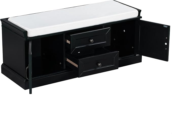 GDFStudio Rustic Storage Bench with 4 Doors 2 Draws Adjustable Shelves Removable Cushion Rectangular Cabinet Foot Rest Stool Solid Wood Shoe Bench Seating for Entryway Living Room, Black
