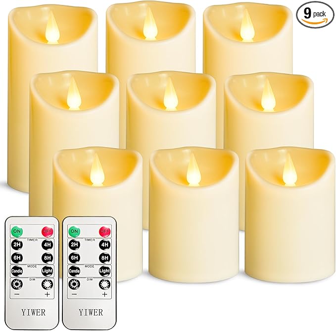 YIWER Plastic Flameless LED Candles,9PCS Battery Operated Candle with Remote Fake Electronic Flickering Light Large Pillar D3”H4”(10.2) 5”6”Durable Use