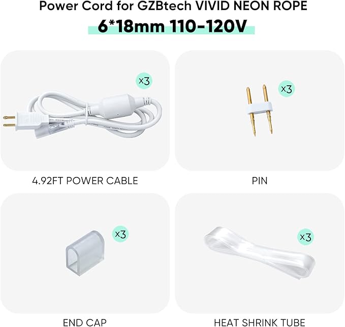 GZBtech 4.92FT Power Cord Connector Kit for 8 * 16mm LED Neon Rope Light,with Pins & End Cap & Heat Shrink Tube Set of 3