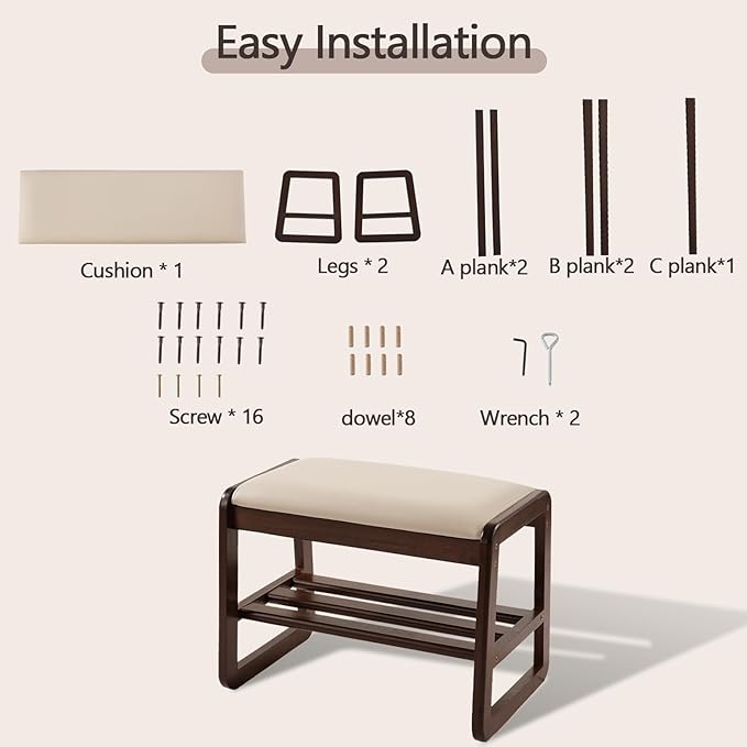 Small Shoe Rack Bench,2 Tier Solid Wooden Entryway Bench with Shoe Storage, Shoe Rack with Cushion for Living Room, Hallway(Pu Beige, 21.6")