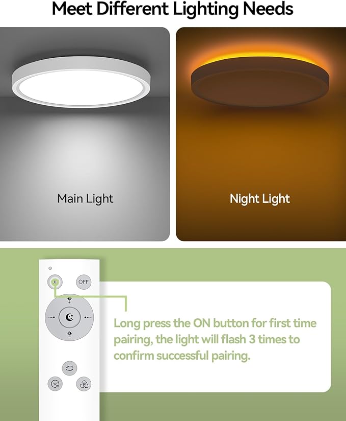 Pak 12 Inch LED Flush Mount Ceiling Light Fixture with Night Light, 24W Modern Ultra-Thin Ceiling Lamp with Remote, 2400LM Dimmable, 2700K-6500K Adjustable Color Temperature, for Bedroom Living Room
