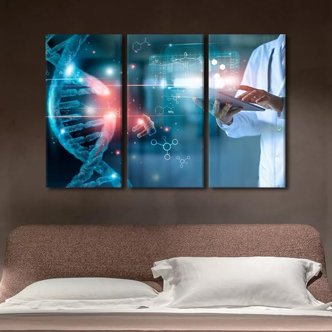 Rebotipy Canvas Wall Art for Living Room Modern 3 Panel Medicine Poster Decor Luminous DNA Molecule Picture Printing for Medical Science Bedroom Decor Stretched and Framed Ready to Hang 40" Wx60 H