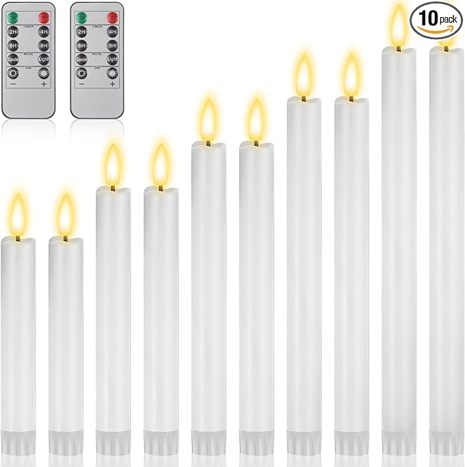 10 Pcs Flameless Taper Candles with Remote Battery Operated Taper Candles Include 6.5'' 7.7" 8.9" 10" 11.2" Fake LED Electric Candle Sticks for Valentine's Day Home Wedding Decor (White)