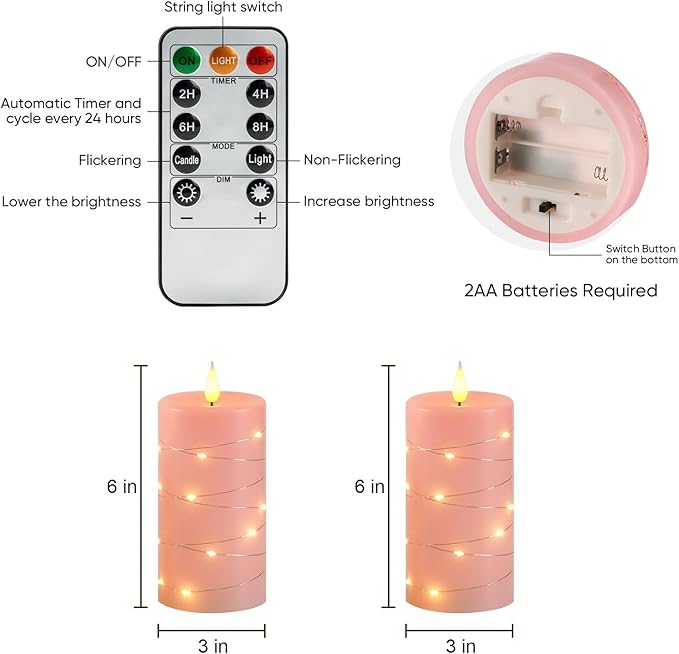 Amagic 3"×6" Easter Decorations Flameless Candles with String Lights, Pink 11-Key Remote & Timer Battery Operated Flickering Led Pillar Candles Real Wax for Home, Lantern Decor, Set of 2
