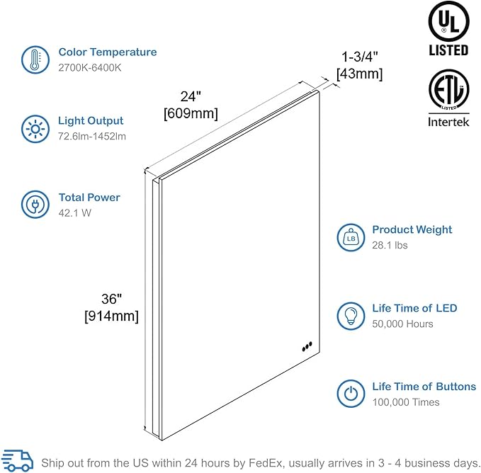 Blossom 24"X36" LED Bathroom Mirror with Lights, Front Lit and Backlight, Stepless Dimmable, Anti-Fog, Shatter-Proof Tempered Glass, Memory, 3 Colors Lighting Bathroom Mirrors for Vanity