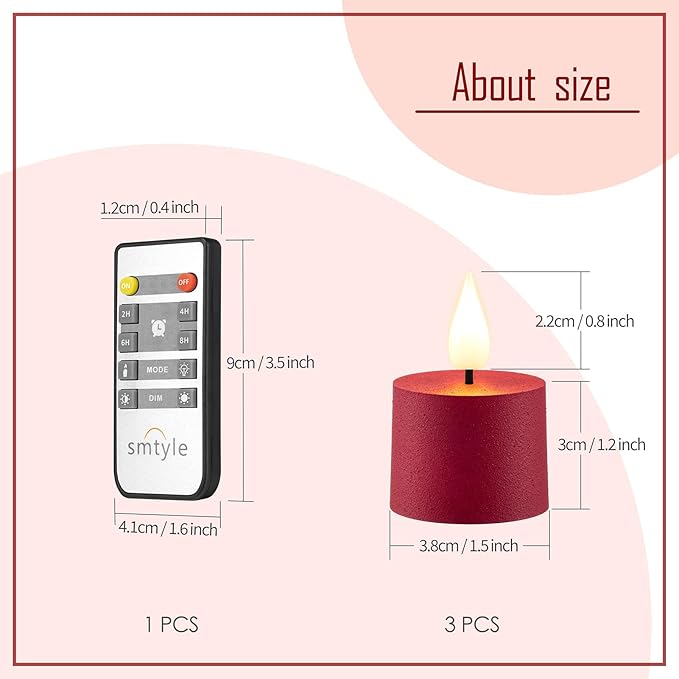 smtyle Vintage Red Tea Lights Candles Battery Operated 500 Hours of Warm Christmas Glow with CR2477 Batteries and Remote Flickering Fake Votive LED Set of 3 Table Decorations