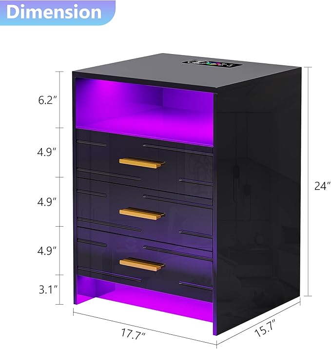HNEBC Black Nightstand with Wireless Charging Station and Lights, 3 Drawers, Modern Bedside Table with Human Sensor for Bedroom