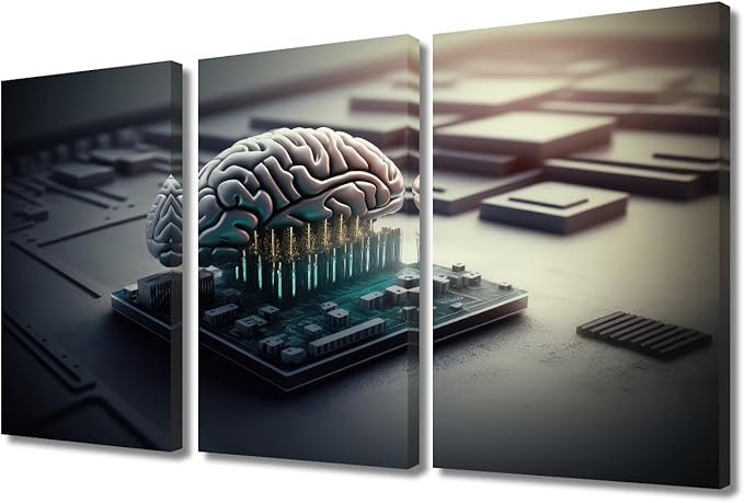 TUMOVO Bedroom Wall Decor 3 Pieces Canvas Wall Art Brains and Computer Chips Pictures for Home Decoration, Human Cyborg Brain Being Prints and Poster Framed Ready to Hang, 36" Wx24 H