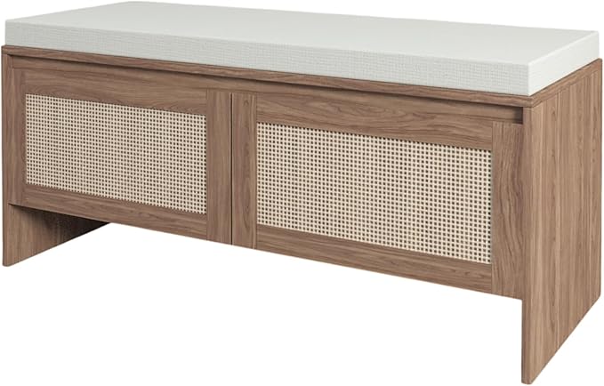 Rattan Entryway Bench with Cushion, Mid-Century Modern Shoe Cabinet with 2 Rattan Doors, Storage Bench for Hallway, Antique Natural
