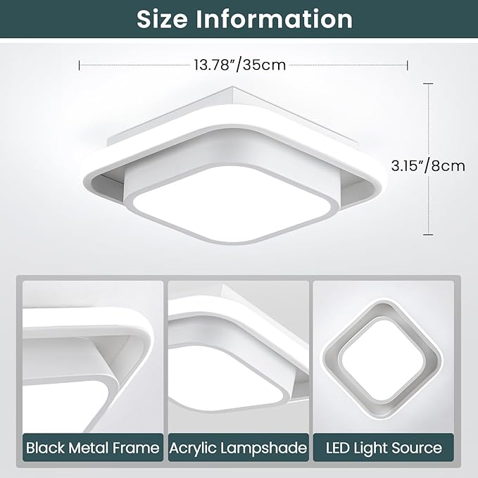 12IN Modern LED Ceiling Light Fixtures, Cool Light Square 6000K Hallway Lights White Close to Ceiling Light for Kitchen Bedroom Balcony Bathroom Living Room