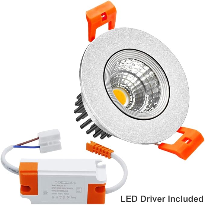 LightingWill 2inch LED Dimmable Downlight, 3W COB Recessed Ceiling Light, Ultra Warm White 2700K, CRI80, 25W Halogen Bulbs Equivalent, Silver(4 Pack)