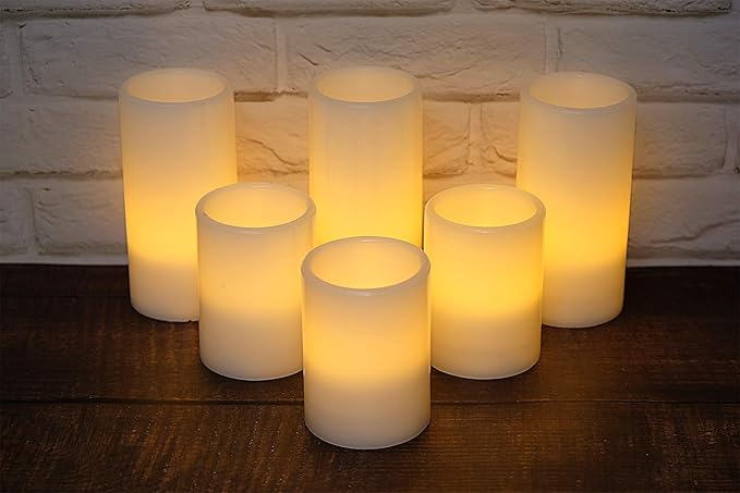 Eldnacele Flameless Flickering Candles Battery Operated Real Wax White Color with 8 Hours Timer for Christmas Home Decoration and Parties Set of 6(3"x 4", 3"x 6")
