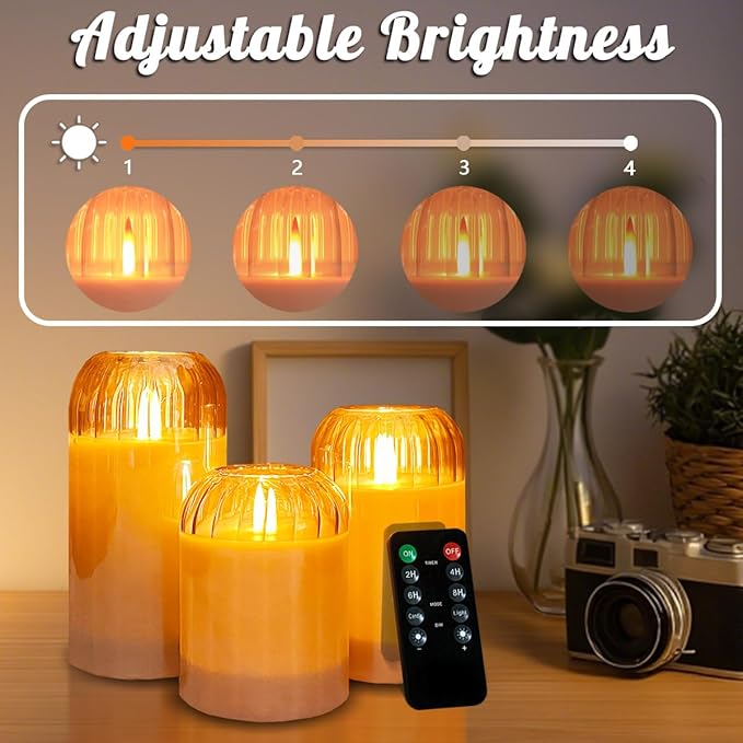 3Pcs LED Candle Set Rechargeable with Remote Control,Grey Glass Flameless Candles,Candle Lights for Home Decor, Bedroom, Bathroom Accessories，Pumpkin Fake Candles for Halloween