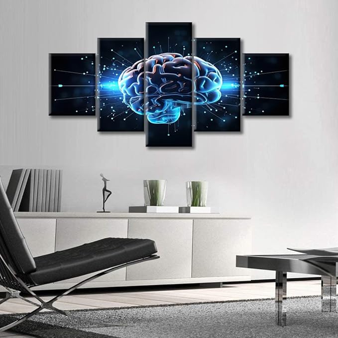 Brain Neural Human Head Wall Art for Living Room Brain Nervous System Canvas Wall Art 5 Panels Abstract Brain Posters & Prints Modern Artwork Ready to Hang for Bedroom Office, (60"Wx32"H)