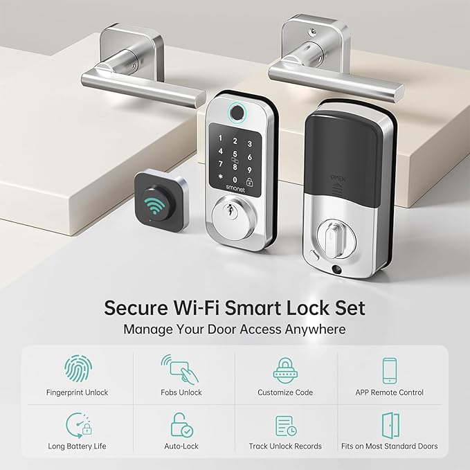 SMONET Fingerprint Smart Locks for Front Door with Handle Set, Keyless Entry, Bluetooth Digital Keypad Deadbolt, App Remote Control, Auto Lock, for Home Silver