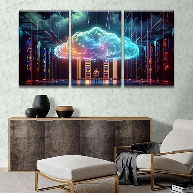 Modern Wall Art 3 Panel Cyber Security, Cloud Managed, Circuit Board Pictures Print On Canvas for Living Room Bedroom Decoration, Framed Gallery-Wrapped Ready to Hang, 16x24inchx3