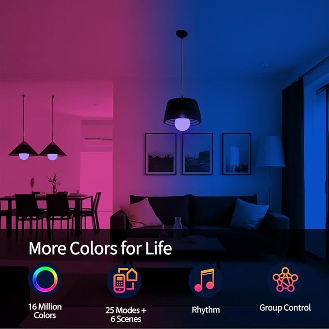 ILC G25 Globe Light Bulbs, App-Controlled Vanity Light Bulbs via Bluetooth Mesh,1600 Million Colors, 600LM, 6W, 60W Equivalent, 2700K Warm White, CRI>95+, E26 Base, Dimming via app only, 6 Pack