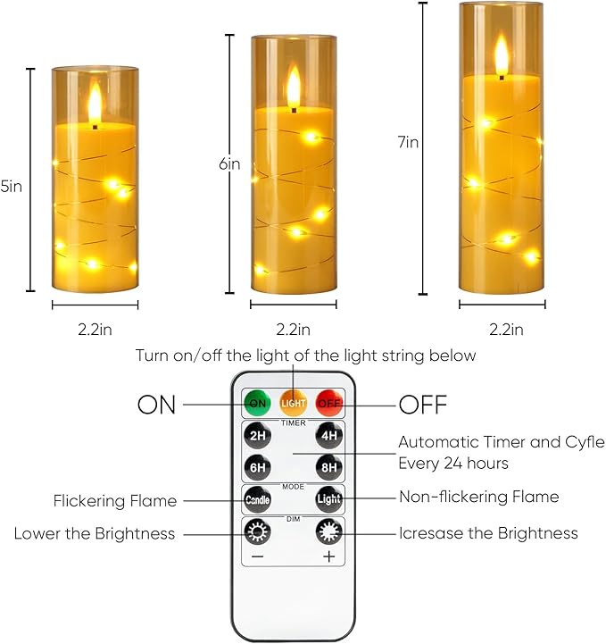 Homemory 12Pcs Flameless Candles with Star String Fairy Lights, Flickering Battery Operated Candles, LED Fake Candles with Remote and Timer, Christmas, Weddings, Home Decor, Gold