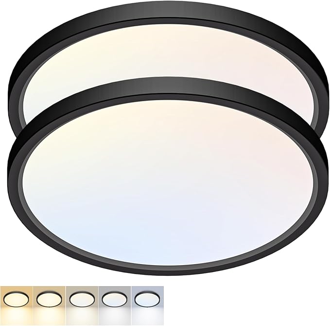 2 Pack LED Flush Mount Ceiling Light,15Inch 30W,3000K/3500K/4000K/5000K/6500K 5 Color Temperatures Ceiling Light Fixture for Kitchen Porch Hallway Bedroom Bathroom and Closet,Black