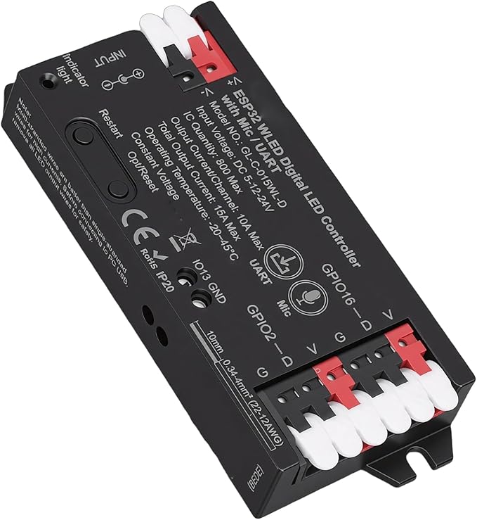 Eujgoov LED Strip Light Controller with Mic, Over 100 Lighting Effects Music Sync WiFi APP Control, for WS2812 SK6812 Addressable LED Strips