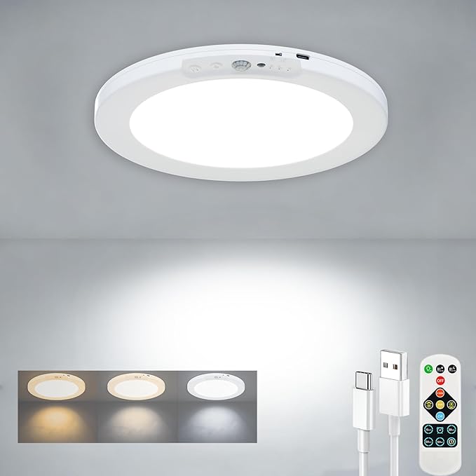 Motion Sensor Closet Light Indoor, Fast Charging Wireless Ceiling Light with Remote, Rechargeable Battery Operated Lights, Shower Light for Cabinet Bathroom Stairs Hallway Pantry 7.48 Inch