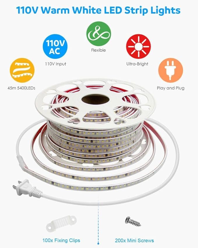 Aclorol AC110V Led Strip Light Outdoor Waterproof 150FT Warm White 3000K Connectable LED Rope Light Strip for Outside Garden Patio Indoor Outdoor Backyards Decoration AC 110V-130V 120LEDs/M 5400LEDS