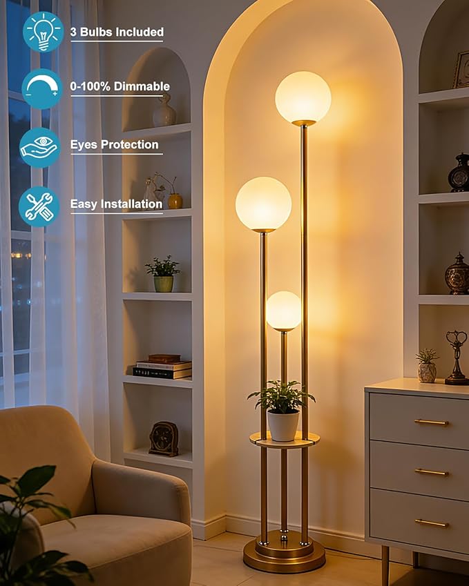 Lightdot Gold Floor Lamp 3-Lights Dimmable Floor Lamps with Tray 3000K Bulbs Included Unique Modern Tall Standing Lamp for Living Room/Bedroom/Sofa Beside/Corner Decor