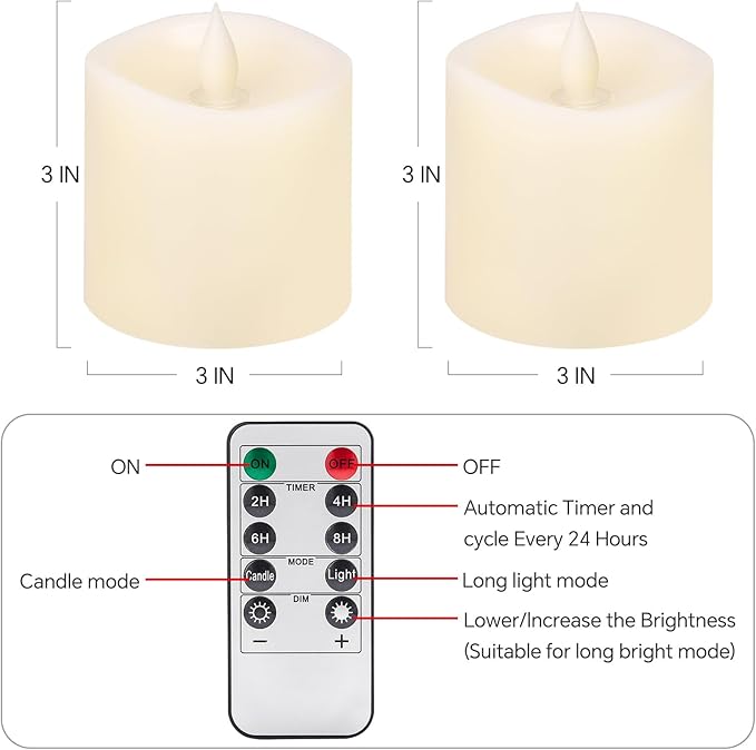 3x3 Flameless Candles Battery Operated with Remote Timer, Last 600 Hours Battery Candles Flickering, Ivory Real Wax Electric LED Candle for Wedding Party, Set of 2