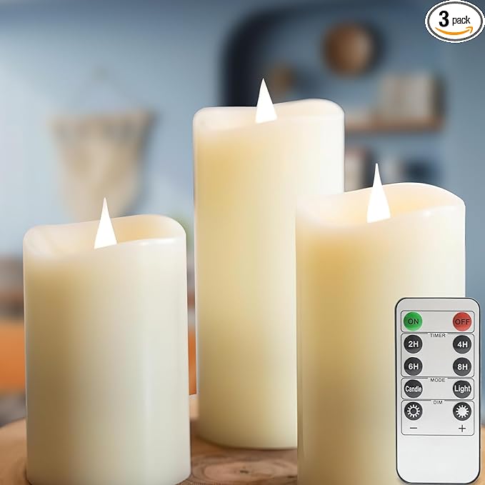 LOGUIDE Flickering Flameless Candles with Remote Timer, Realistic 3D Moving Flame with Real Wax Pillar LED Candles,Lasting 500+Hours Battery Operated Candles for Wedding Decoration, Christmas,3 Pack