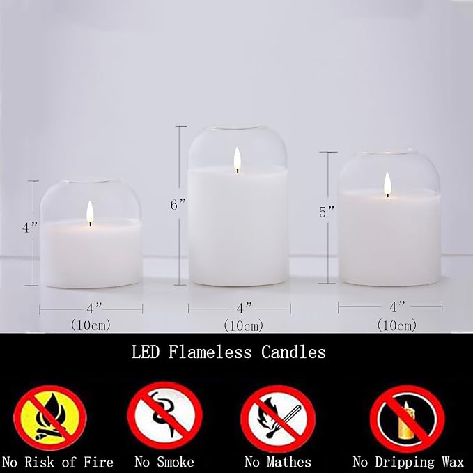 White Glass Flameless Candles Set of 3 (Φ 4" H 4" 5" 6") with Remote Battery Operated Flickering LED Pillar Candles Real Wax 3D Wick