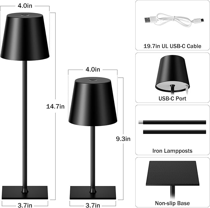 Black Cordless Rechargeable Table Lamp, 4 Pack Portable Desk Lamp with 5000mAh Battery, Touch Control Stepless Dimming, Wireless Night Light for Dining, Outdoor Camping, Coffee Shop, Waterproof Design