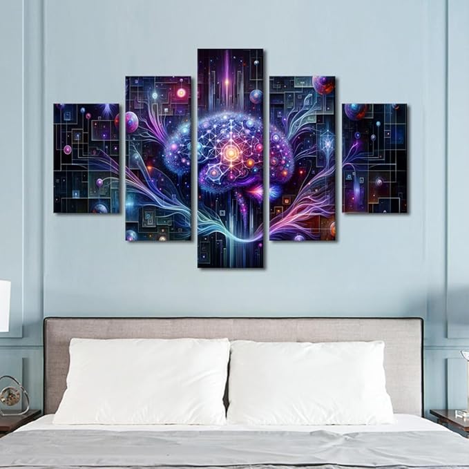 5 Panel Digital Brain Canvas Wall Art for Bedroom Neurological Data Analysis Painting House Decorations Technology Print Artwork Canvas Framed Artwork for Walls Posters framed Ready to Hang 60"Wx40"H