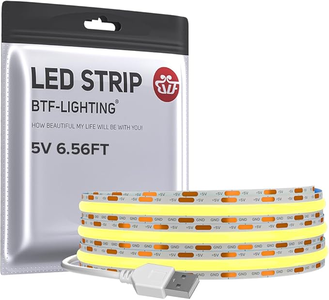 BTF-LIGHTING FCOB USB Powered Cool White 6000K COB LED Strip Lights 6.56FT 640LEDs 5V 8mm Width 90+ High CRI Ultra Bright Flexible Light for 3D Printer TV Backlight Display Cabinet PC DIY Decor