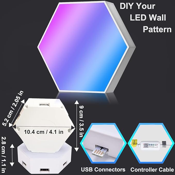 Amailtom Hexagon LED Lights, Smart RGB-IC Gaming LED Wall Lights App & Remote Control Music Sync, Hexagon Light Panels DIY Geometry Ambience Lighting for Gaming Room Bedroom Streaming, 10 Panels