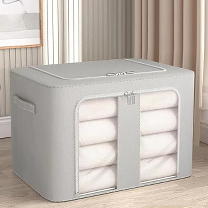 Kikumi Foldable Storage Box, Fabric Bin Organizer, Large Capacity Stackable Solid Steel Frame Structure Space Saving with Carrying Handle for Bedroom