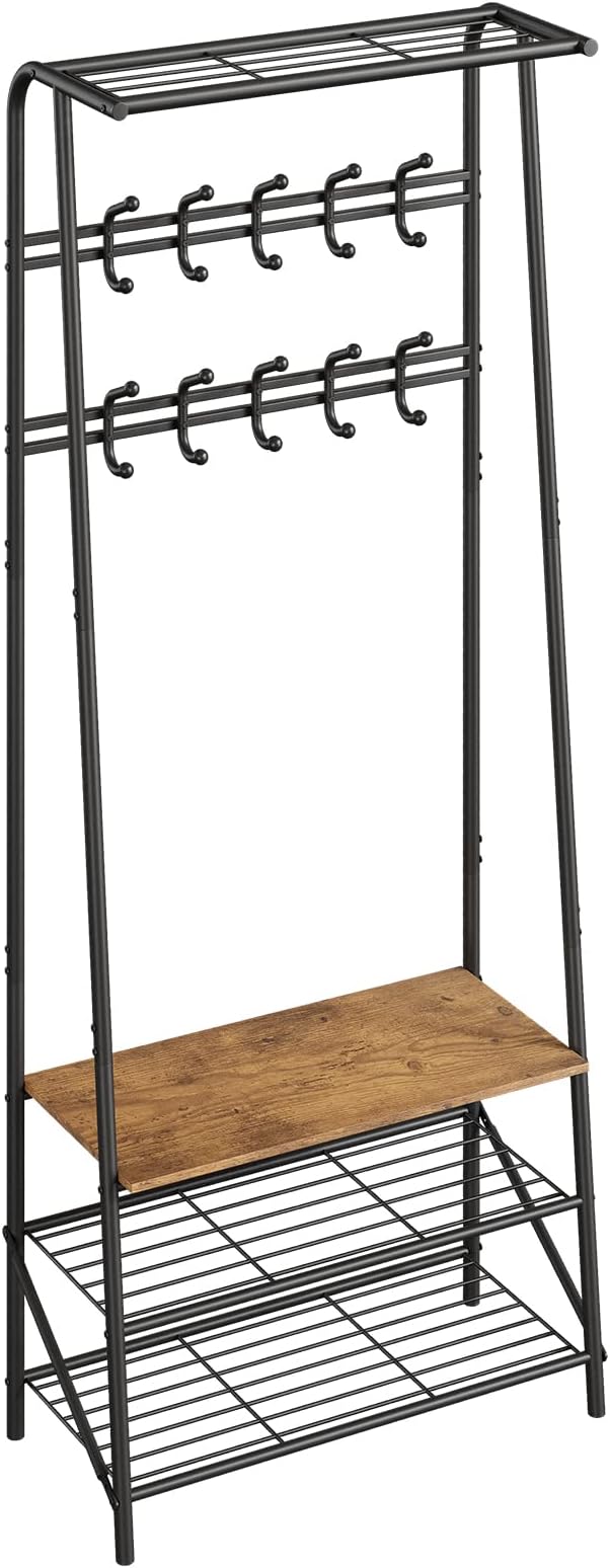 4-in-1 Hall Tree with Shoe Storage Bench & 10 Hooks – Freestanding Entryway Coat Rack, Double Row Hooks, Metal Frame, Rustic Brown Wood – Living Room, Bedroom, Foyer – 60cm Width