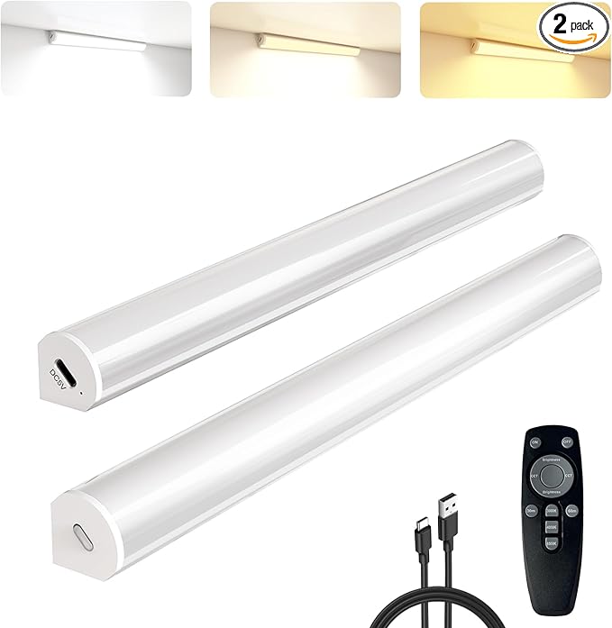 Under Cabinet Lighting Wireless with Remote,Rechargeable Battery Operated Closet Lights,3 Color Magnetic Dimmable led Strip Lights,Under Counter Lights for Kitchen,Shelf,Bedroom (White-2PCS, 20cm)