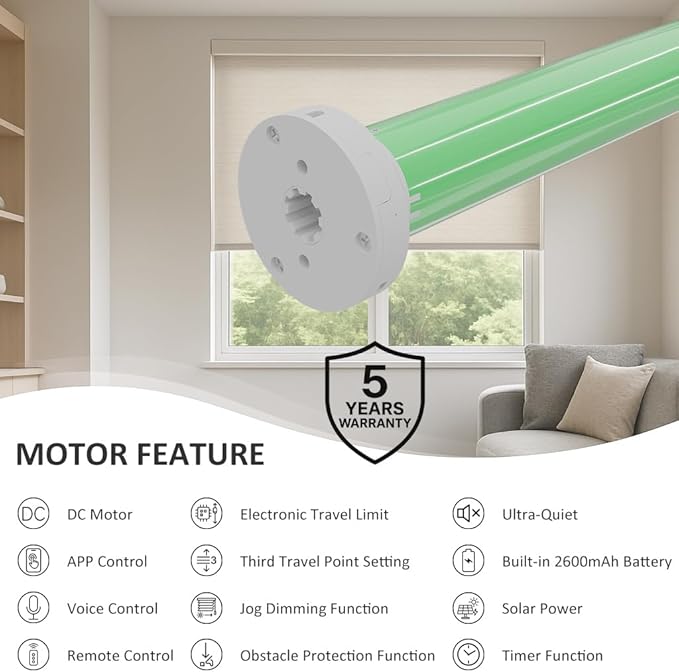 ZigBee Smart Roller Shade Motor for 1.5" Tube (38mm), Solar Powered Electric Blind Motor Kit, Quiet Wireless Retrofit for Roller/Zebra Shades, App/Voice Control (1.1N.m Torque)