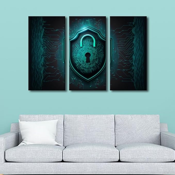 TUMOVO Modern Wall Art for Living Room Multi Panel Internet Network Locker Technology Wall Decor Colorful Data Security Picture Poster Canvas Art Stretched Framed Ready to Hang, 42" Wx28 H