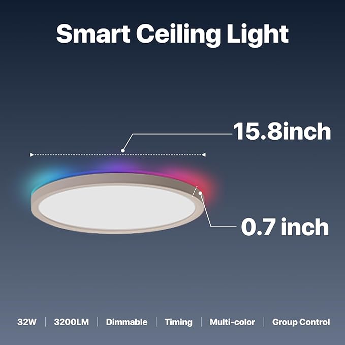 Smart LED Ceiling Light Flush Mount,16 Inch RGB, Dimmable 3000K-6500K, Night Light 2000K, Compatible with Alexa, Google, Tuya