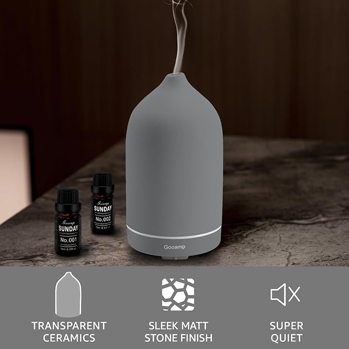 200ML Ceramic Essential Oil Diffuser - Ultrasonic Aromatherapy & Humidifier with 7-Color LED Lights, Auto Shut-Off, Grey, 1H/3H/6H Timer | Scent for Home,Office,Yoga
