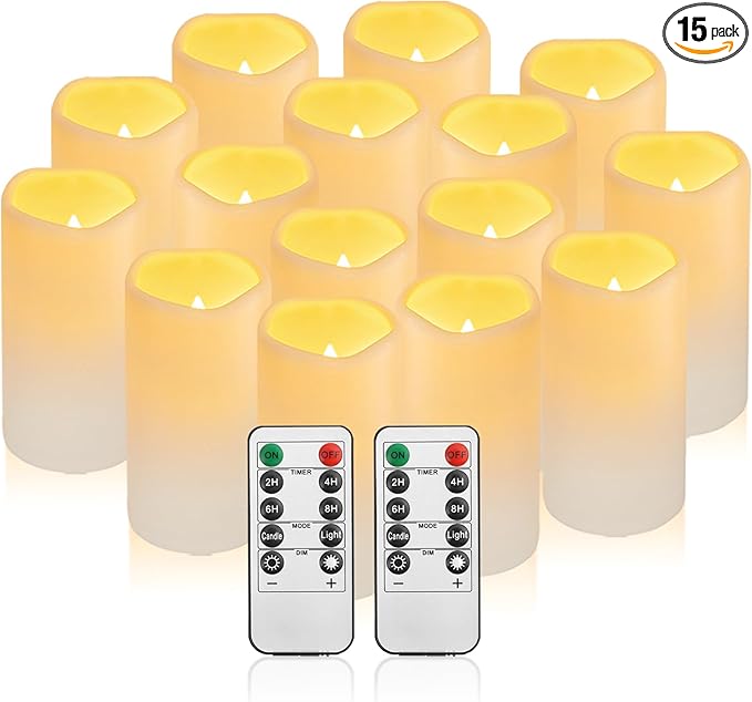 Waterpoof Flameless Remote Control Candles 15PACK D3''*H5.5''Battery Operated Flickering LED Pillar Candle,plastic with 10-Key 24Hours Timer for Outdoor/Indoor Home Party Garden Lanterns Porch (Ivory)