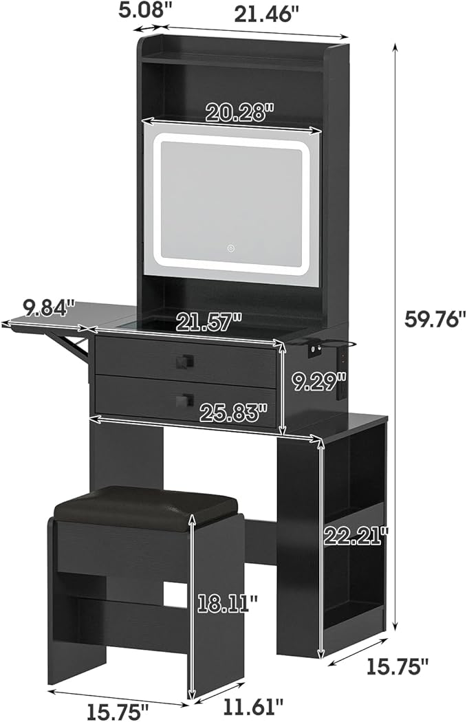 Vabches Small Makeup Vanity Desk, 3 Adjustable Lighted Mirror, White Vanity Set, Fold-up Panel, Charging Station, Glass Top, Drawers, Chair, 2 Hidden Storage Shelves (Black)