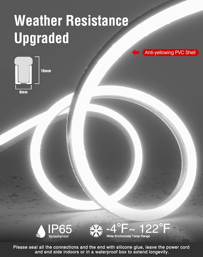 Shine Decor LED Neon Rope Lights AC 120V, Expandable & Cuttable 120LEDs/M Bright Strip Lighting, ETL Cold-Resistant & IP65 Waterproof for Indoor Outdoor, 8x16mm, 6300K Cool White, 16.4ft