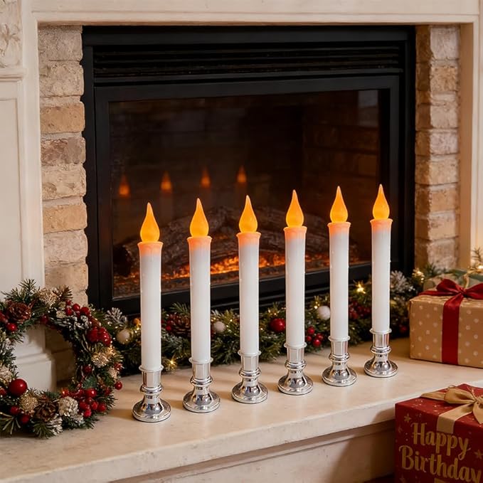 8 Pack 9" LED Candle Lights with Dusk to Dawn Sensor, Silver Base Battery Powered Flameless Candles for Indoor Table Party Decor