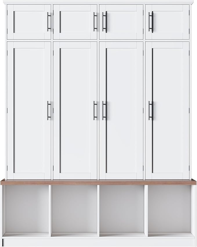 Hall Tree with Entryway Bench and Shoe Cabinet, Multi-Functional Seating Bench with 4 Hanging Hooks and 8 Doors, White