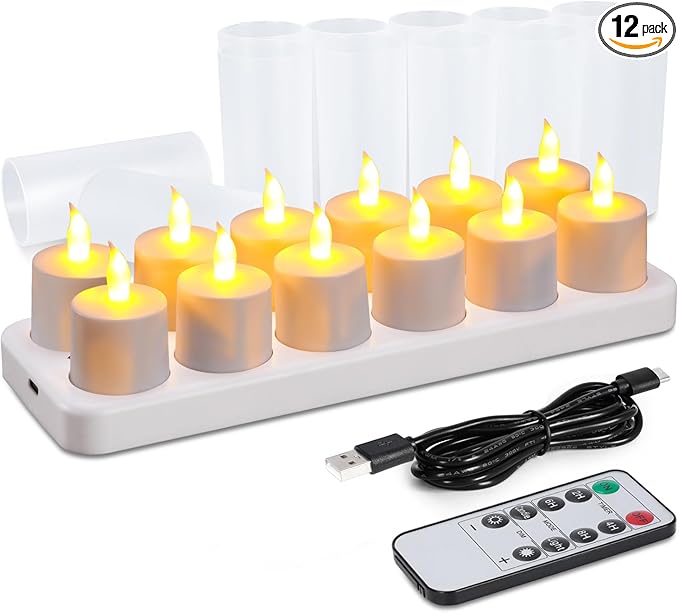 WoneNice 12 pcs USB Rechargeable Flameless Candles with Remote & Timer, LED Tea Lights for Wedding Christmas Lanterns Emergency Home Decor